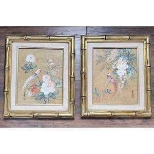 Vintage Mid Century Chinese Bird & Flower Painting Pair Gold Faux Bamboo Frame